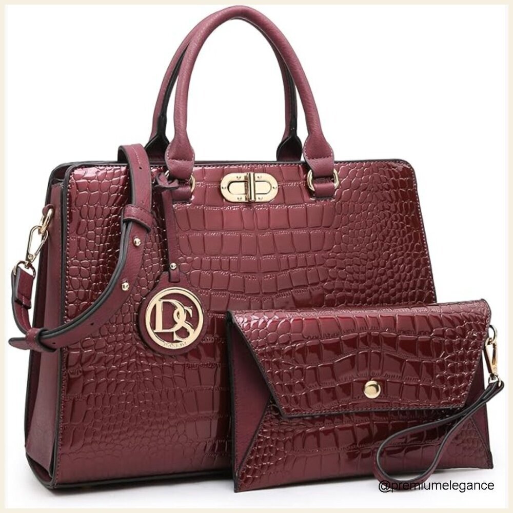 Large Vegan Leather Satchel Tote with Clutch, Adjustable Strap, Work Purse